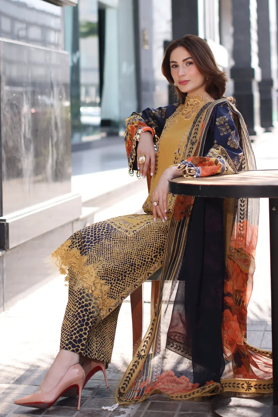 Combination Lawn CC5-28 | Yellow & Navy 3-Piece Embroidered Lawn Suit with Chiffon Dupatta