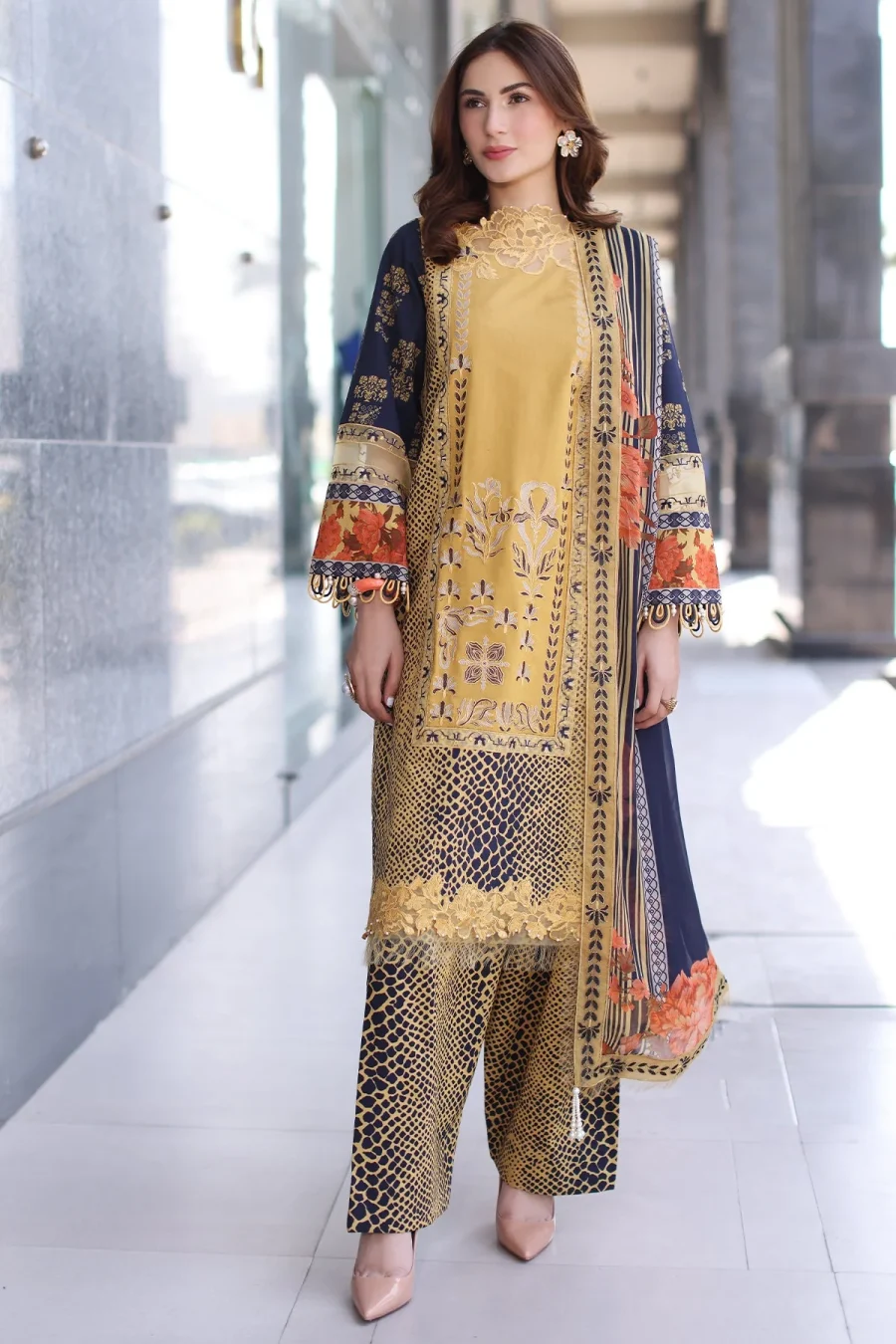 Combination Lawn CC5-28 | Yellow & Navy 3-Piece Embroidered Lawn Suit with Chiffon Dupatta