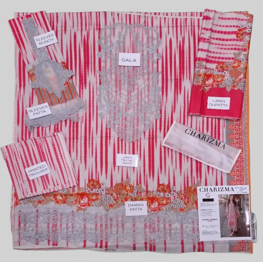 3-PC Embroidered Lawn CRB5-18 | Suit with Chiffon Dupatta & Cotton Trouser