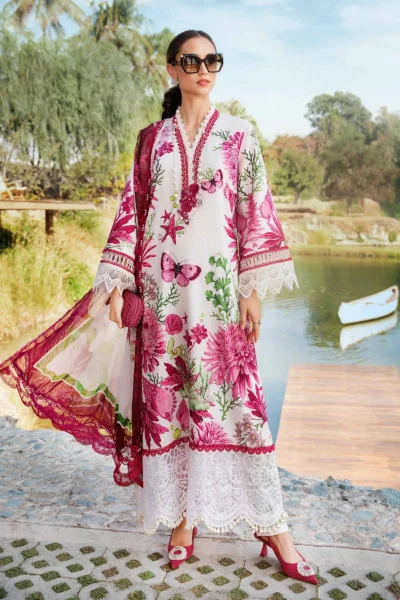 MPT-2510-A | White & Pink 3-PC Printed Lawn Suit with Embroidered Lace & Chiffon Dupatta