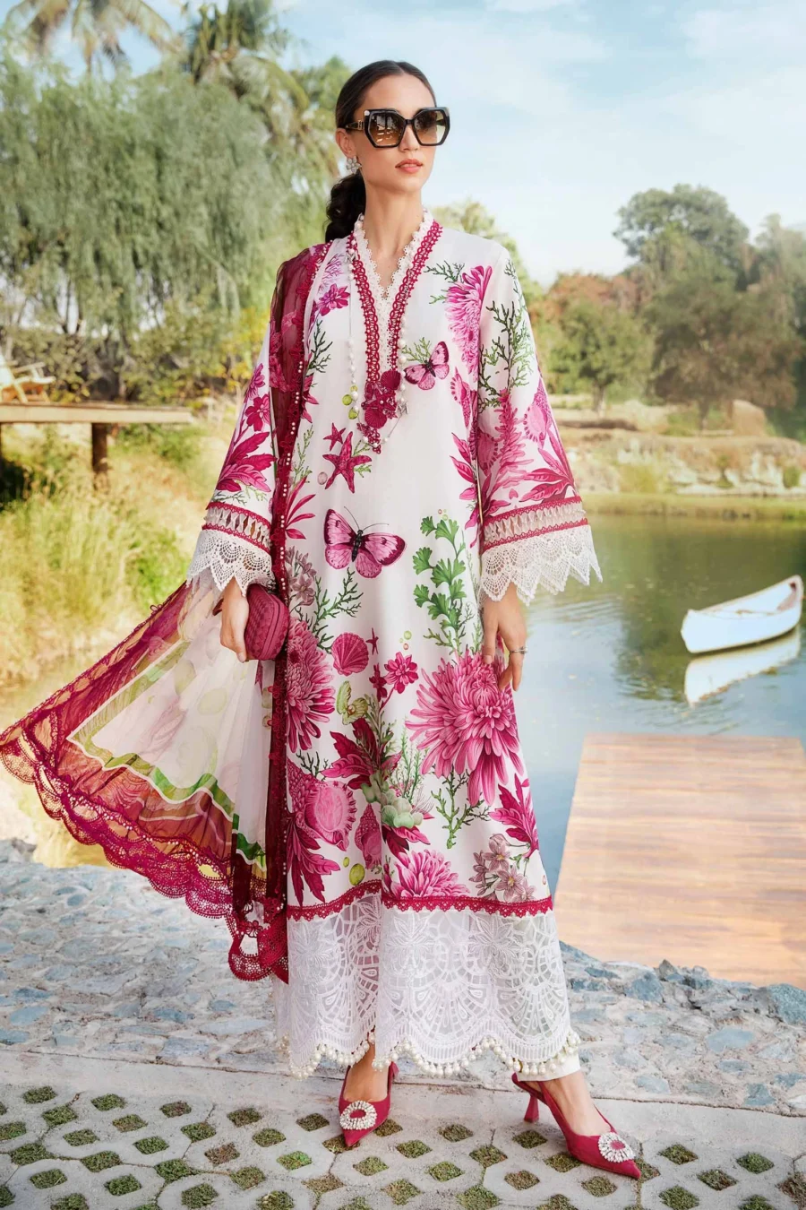 MPT-2510-A | White & Pink 3-PC Printed Lawn Suit with Embroidered Lace & Chiffon Dupatta