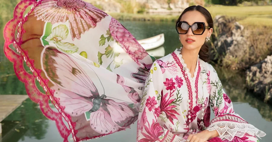 MPT-2510-A | White & Pink 3-PC Printed Lawn Suit with Embroidered Lace & Chiffon Dupatta