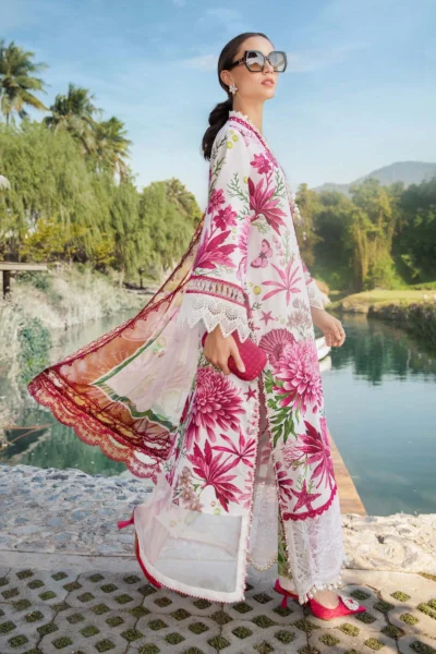 Side profile of Maria B. MPT-2510-A unstitched printed lawn suit with embroidered lace