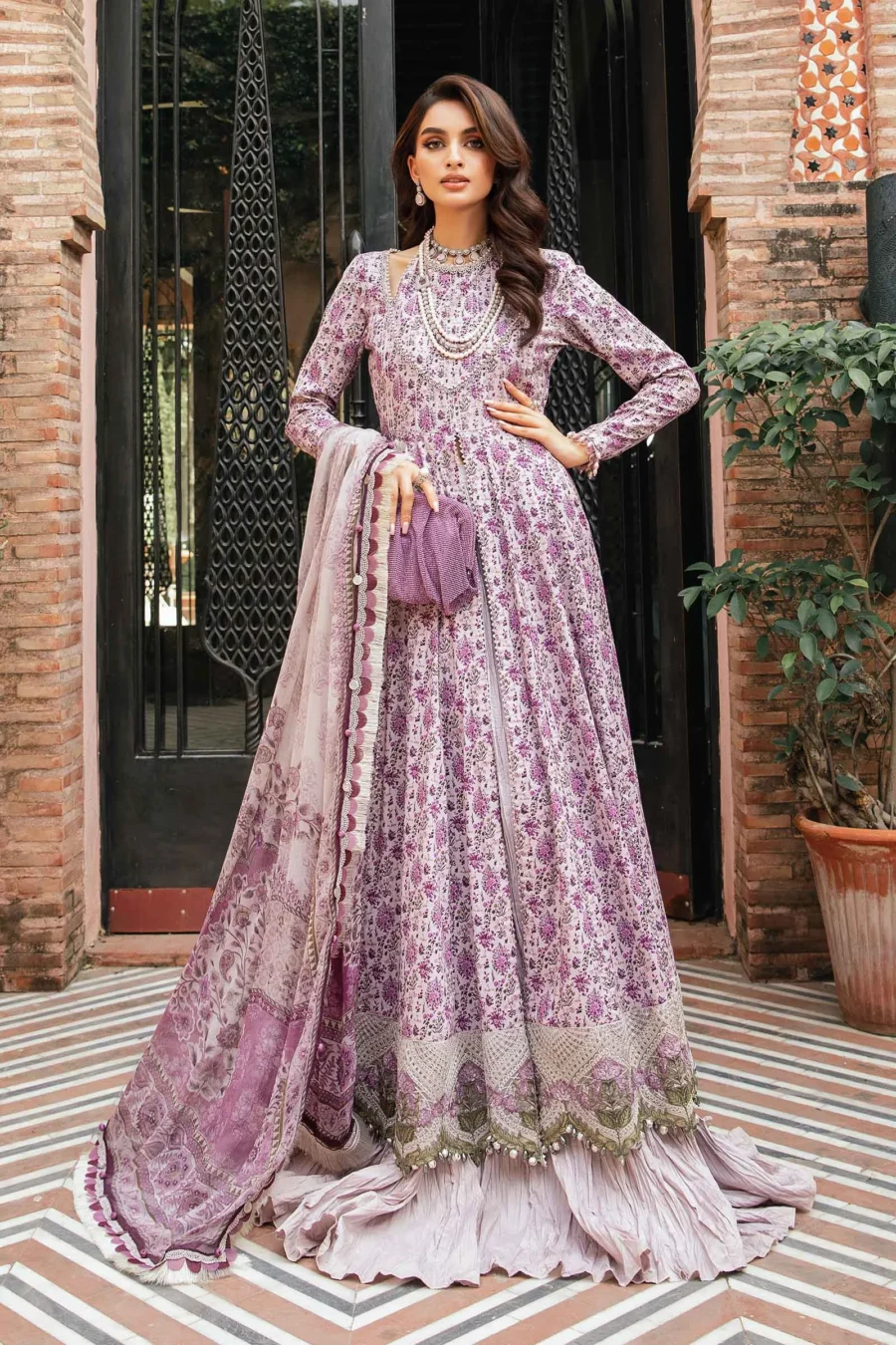 Lilac 3-Piece Unstitched Printed Lawn Suit with Embroidered Organza Lace & Chiffon Dupatta | MPT-2207-B