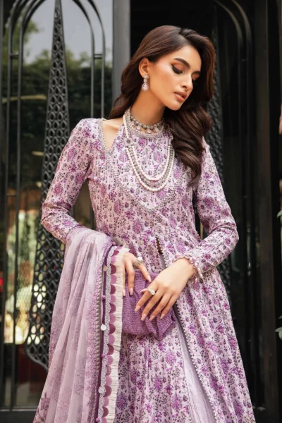 Close-up of embroidered organza lace on Maria B. MPT-2207-B lilac printed lawn shirt