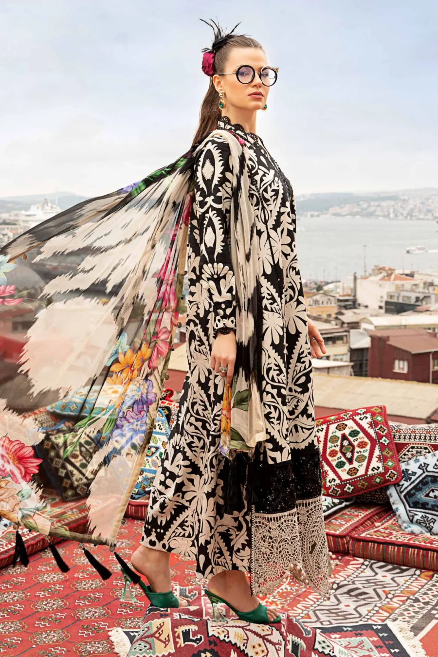 Black 3-Piece Unstitched Printed Cambric Suit with Embroidered Velvet & Chiffon Dupatta | MPT-2307-B