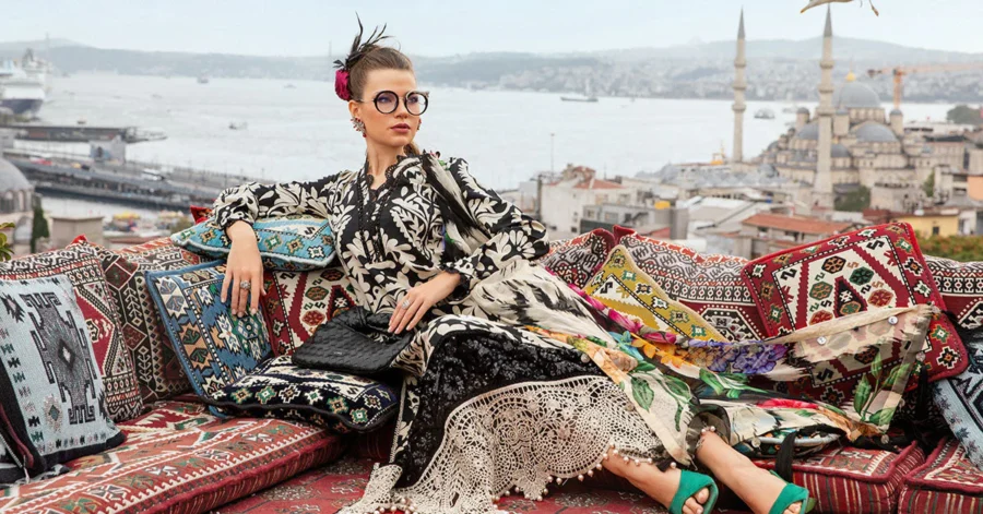 Black 3-Piece Unstitched Printed Cambric Suit with Embroidered Velvet & Chiffon Dupatta | MPT-2307-B