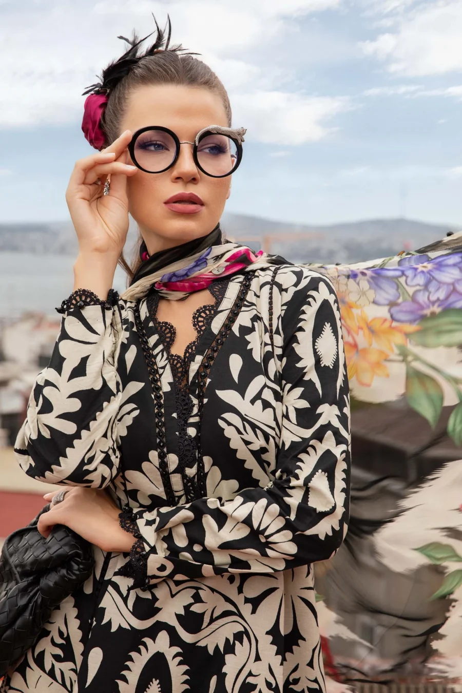 Black 3-Piece Unstitched Printed Cambric Suit with Embroidered Velvet & Chiffon Dupatta | MPT-2307-B